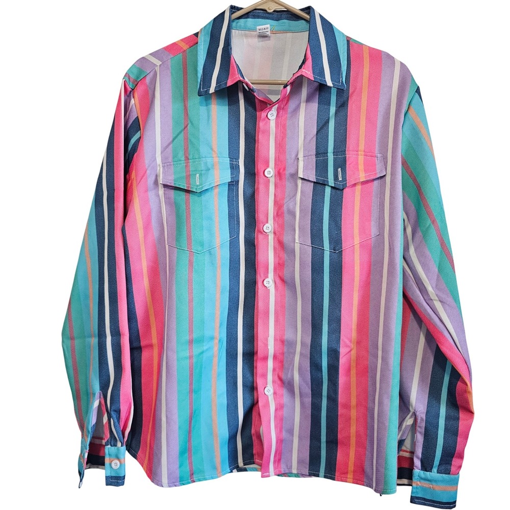 Vintage Style Multi Color Vertical Stripe Button Down Shirt Mens Small Pink Blue